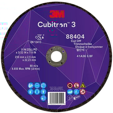 3MTM CubitronTM 3 Skæreskive, 88404, 36+, T41, 230 mm x 2,5 mm x 22,23 mm, EN, 25/pakning, 50 stk./k