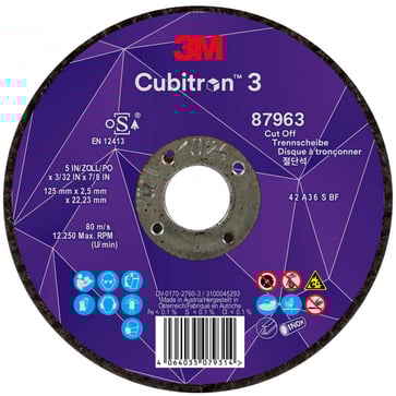 3MTM CubitronTM 3 Skæreskive, 87963, 36+, T42, 125 mm x 2,5 mm x 22,23 mm, EN, 25/pakning, 50 stk./k