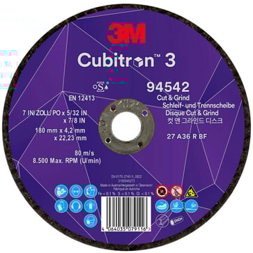 3MTM CubitronTM 3 Skære- og slibeskive, 94542, 36+, T27, 180 mm x 4,2 mm x 22,23 mm, EN, 10-pak, 20