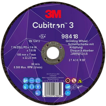 3MTM CubitronTM 3 Skrubskive med forsænket midte, 98418, 36+, T27, 180 mm x 7 mm x 22,23 mm, EN, 10-