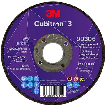 3MTM CubitronTM 3 Skrubskive med forsænket midte, 99306, 36+, T27, 115 mm x 7 mm x 22,23 mm, EN, 10-