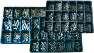 Box med bolte DIN 931 rustfri A2 + møtrikker DIN 934 rustfri A2 + fjederskiver DIN 127B rustfri A2