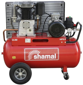 Shamal S65/90 kompressor, 400V, 5,5hk, på hjul, lav hastighed, 90L tank, 727 l/min