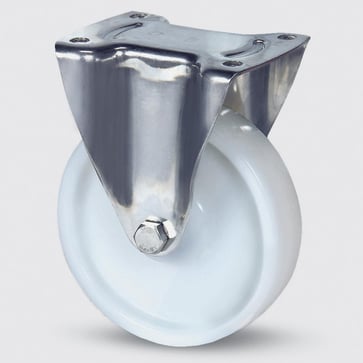 Fast hjul, polyamid, Ø80 mm, 200 kg, glideleje, med plade Rustfri Byggehøjde: 108 mm. Driftstemperat
