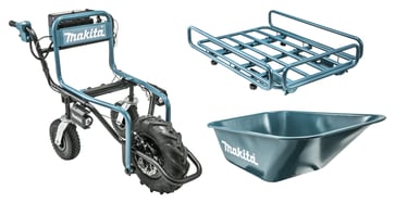 Makita 18V Trillebør DCU180Z solo m/2 stk. drejbar baghjul, 2 stk. bag benstøtter, men uden ramme, k