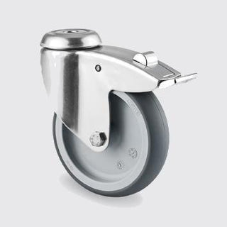 Drejeligt hjul m/ bremse, grå gummi, Ø100 mm, 100 kg, glideleje, med bolthul Rustfri Byggehøjde: 135