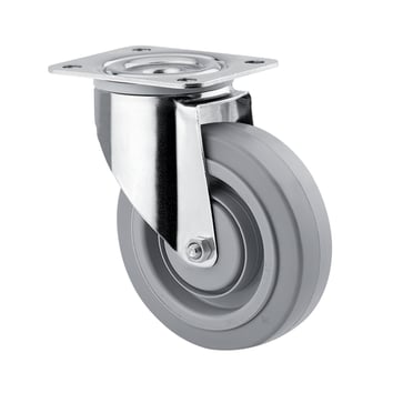 Drejeligt hjul, grå elastisk gummi, Ø125 mm, 160 kg, DIN-kugleleje og tætning, med plade Rustfri Byg