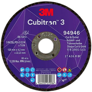 3MTM CubitronTM 3 Skære- og slibeskive, 94946, 36+, T27, 125 mm x 4,2 mm x 22,23 mm, EN, 10-pak, 20