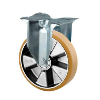 Fast hjul, polyuretan, Ø200 mm, 350 kg, DIN-kugleleje, med plade Byggehøjde: 240 mm. Driftstemperatu