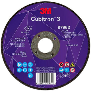 3MTM CubitronTM 3 Skæreskive, 87963, 36+, T42, 125 mm x 2,5 mm x 22,23 mm, EN, 25/pakning, 50 stk./k