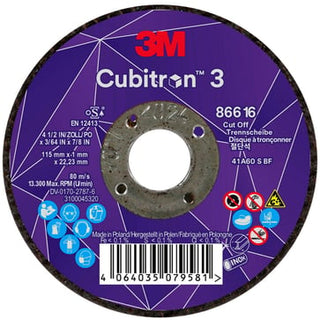 3MTM CubitronTM 3 Skæreskive, 86616, 60+, T41, 115 mm x 1 mm x 22,23 mm, EN, 25/pakning, 50 stk./kas
