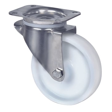 Drejeligt hjul, polyamid, Ø125 mm, 250 kg, glideleje, med plade Rustfri Byggehøjde: 160 mm. Driftste