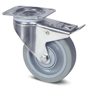 Drejeligt hjul m/ bremse, grå elastisk gummi, Ø125 mm, 160 kg, DIN-kugleleje og tætning, med plade R