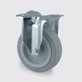 Fast hjul, grå elastisk gummi, Ø160 mm, 300 kg, DIN-kugleleje, med plade Byggehøjde: 200 mm. Driftst