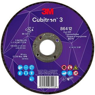 3MTM CubitronTM 3 Skæreskive, 86412, 36+, T41, 125 mm x 1,6 mm x 22,23 mm, EN, 25/pakning, 50 stk./k