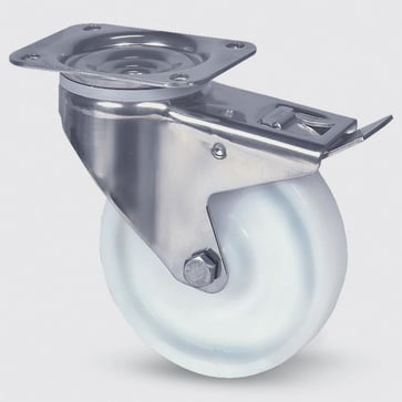 Drejeligt hjul m/ bremse, polyamid, Ø80 mm, 200 kg, glideleje, med plade Rustfri Byggehøjde: 108 mm.