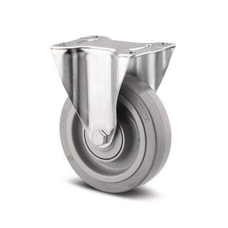 Fast hjul, grå elastisk gummi, Ø125 mm, 160 kg, DIN-kugleleje og tætning, med plade Rustfri Byggehøj