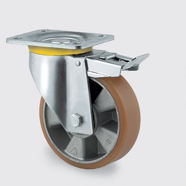 Drejeligt hjul m/ bremse, polyuretan, Ø200 mm, 800 kg, DIN-kugleleje, med plade Byggehøjde: 240 mm.