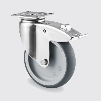 Drejeligt hjul m/ bremse, grå gummi, Ø75 mm, 75 kg, glideleje, med plade Rustfri Byggehøjde: 100 mm.
