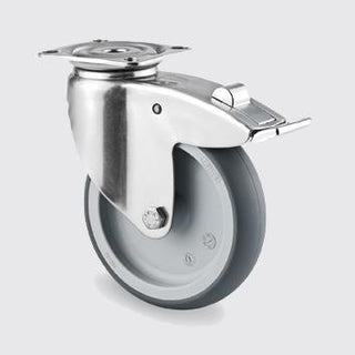 Drejeligt hjul m/ bremse, grå gummi, Ø75 mm, 75 kg, glideleje, med plade Rustfri Byggehøjde: 100 mm.