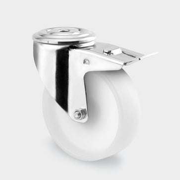 Drejeligt hjul m/ bremse, polyamid, Ø125 mm, 150 kg, glideleje, med bolthul Rustfri Byggehøjde: 160