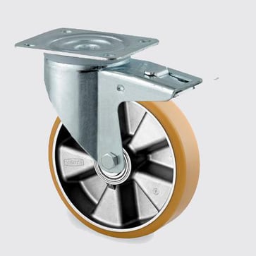 Drejeligt hjul m/ bremse, polyuretan, Ø200 mm, 350 kg, DIN-kugleleje, med plade Byggehøjde: 240 mm.