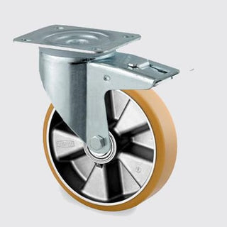 Drejeligt hjul m/ bremse, polyuretan, Ø200 mm, 350 kg, DIN-kugleleje, med plade Byggehøjde: 240 mm.