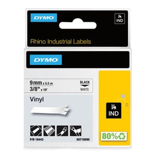 Dymo rhino tape vinyl 9mmx5,5m sort på hvid vinyl
